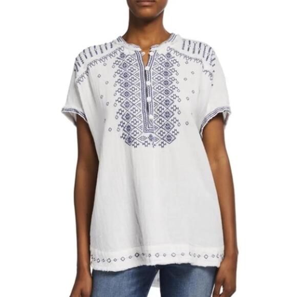 Johnny Was Tops - Johnny Was White and Navy Cotton Embroidered Tunic - Size - Small